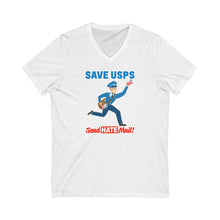 Load image into Gallery viewer, Save the Post Office - send hate mail! Unisex Jersey Short Sleeve V-Neck Tee
